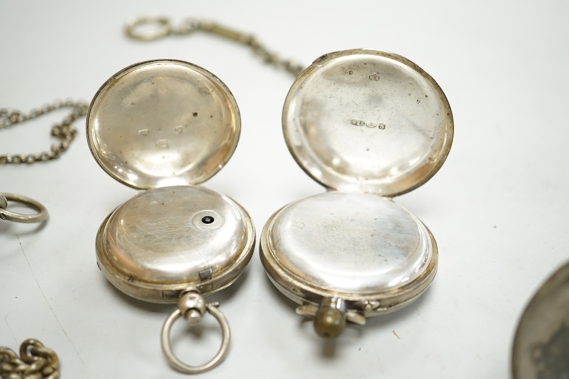 A late Victorian silver 'Improved Patent' open faced pocket watch, with Roman dial and subsidiary seconds, together with four other silver or white metal pocket/fob watches and three base metal chain sections.